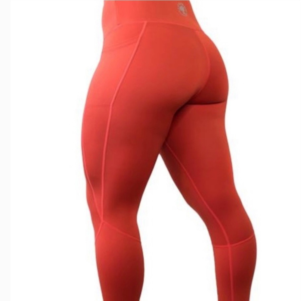 Feed Me Fight Me Leggings Womens Medium Coral Orange Excellent High Waist Pocket